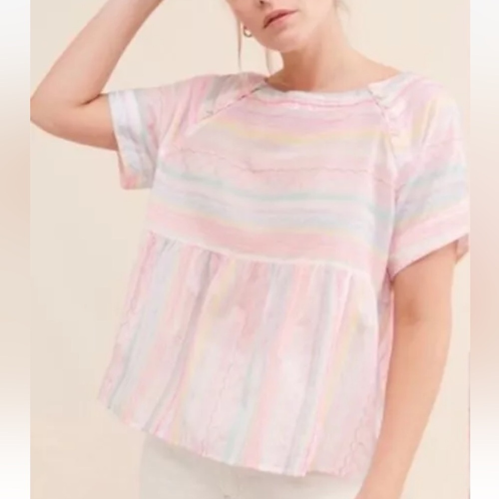 Anthropologie M Letty Embroidered Babydoll Top Stitched Rainbow Peplum *G24